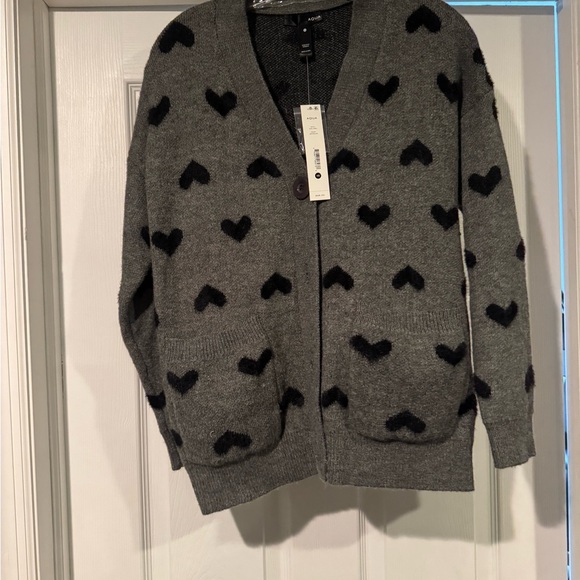 Aqua Heather Gray Knit Cardigan with Black hearts Detailing XS - Picture 4 of 10